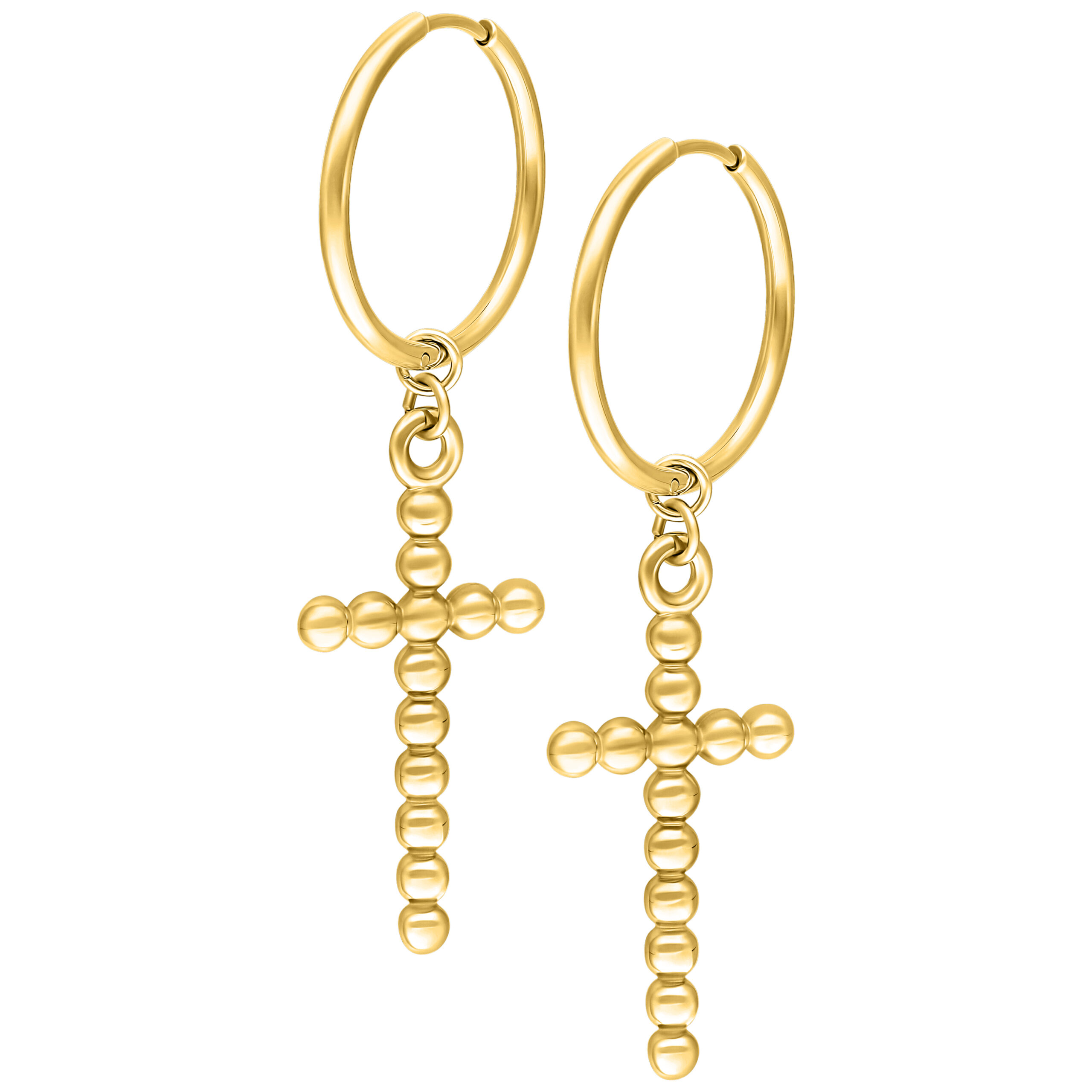 Goldene Bubble Cross Hoops Ohrringe Zwei goldene Creolen mit Kreuzanhänger aus Kugeln auf weißem Hintergrund
