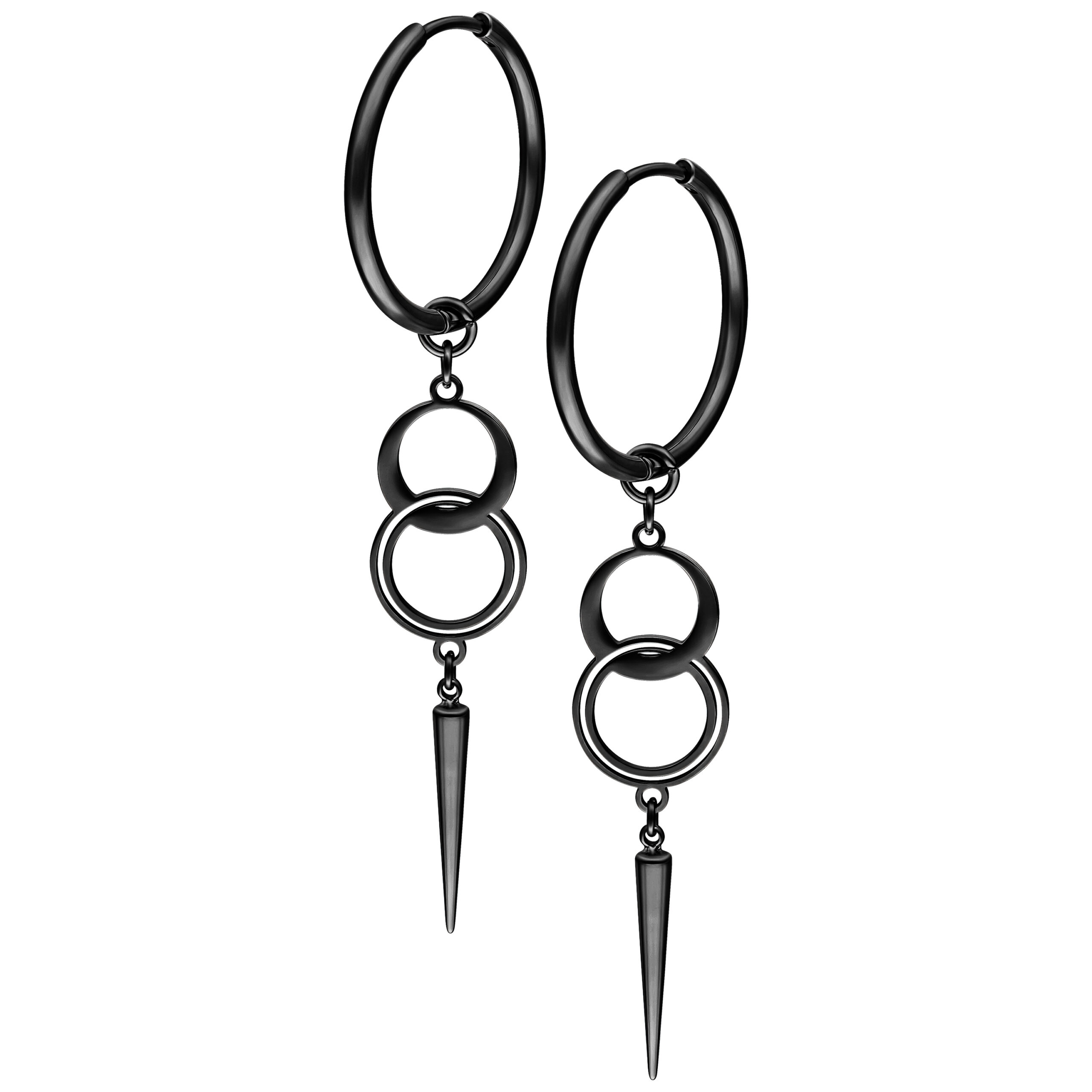 Schwarze Hoops Ohrringe aus Chirurgenstahl mit doppeltem Ring und Anhänger auf weißem Hintergrund
