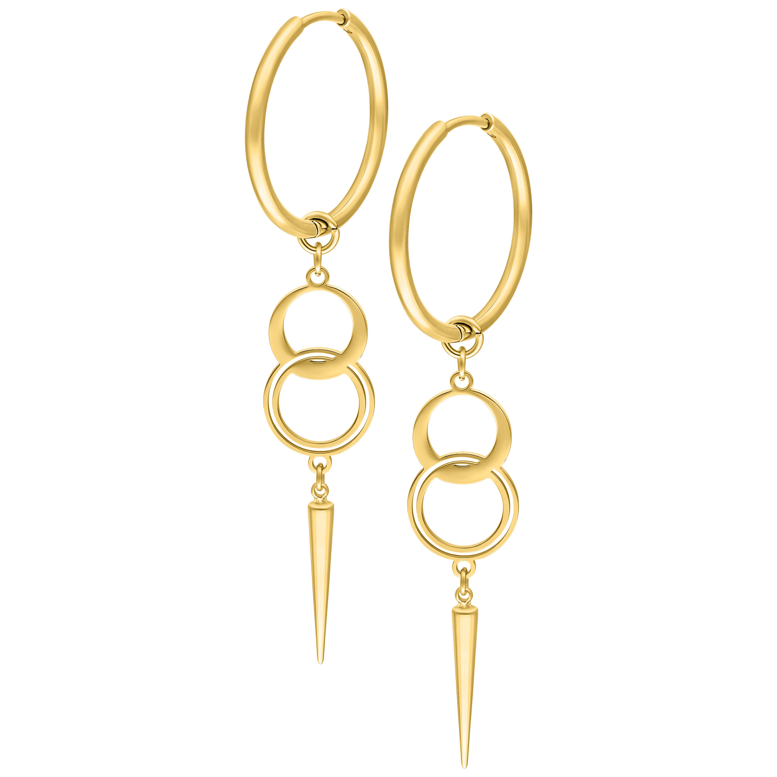 Kultaiset metallikorvakorut kaksoisrenkaalla ja terävällä riipuksella valkoisella taustalla