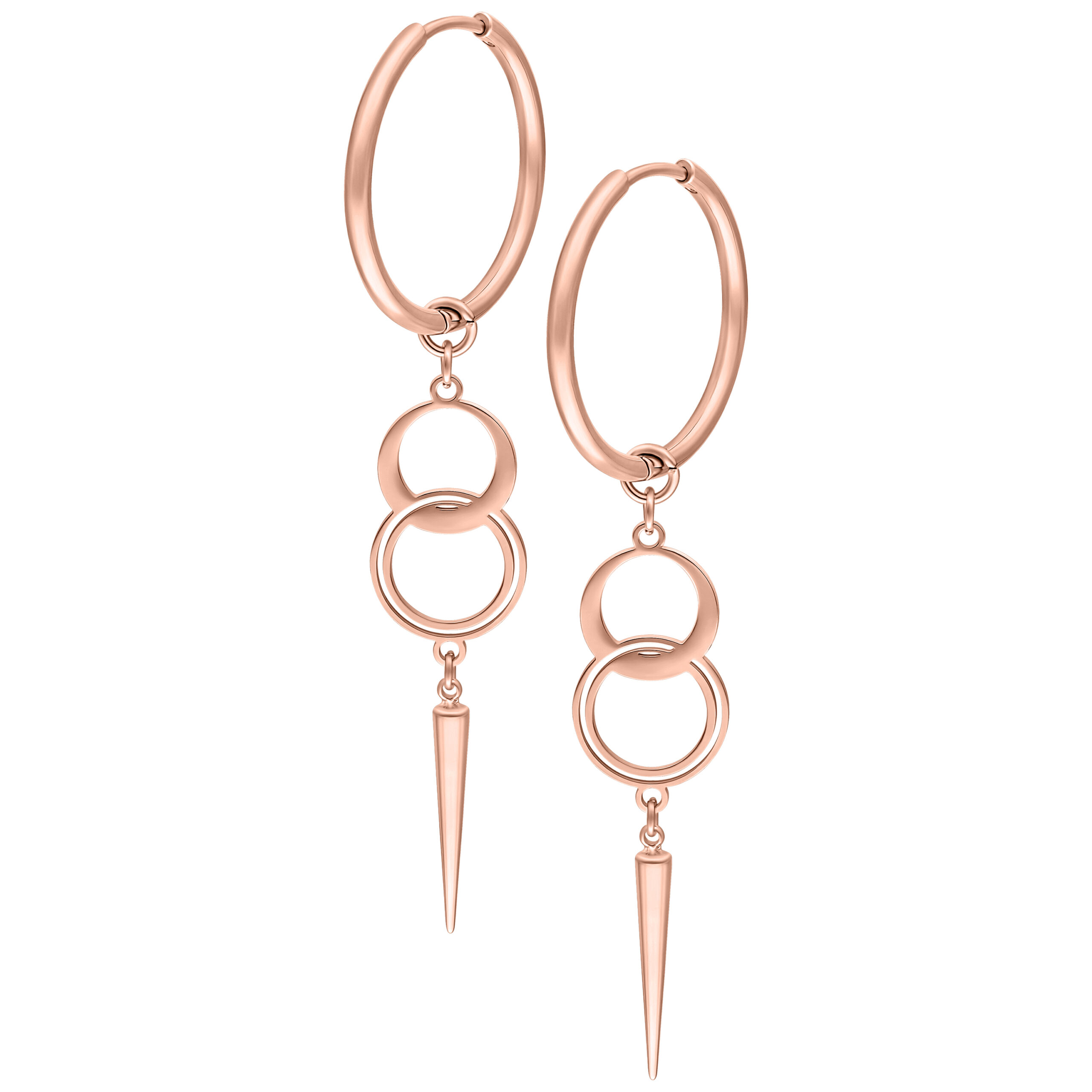 Roségoldene Hoops Ohrringe mit Anhänger Paar roségoldene Hoops Ohrringe mit kreisförmigen Anhängern und spitzen Enden auf weißem Hintergrund
