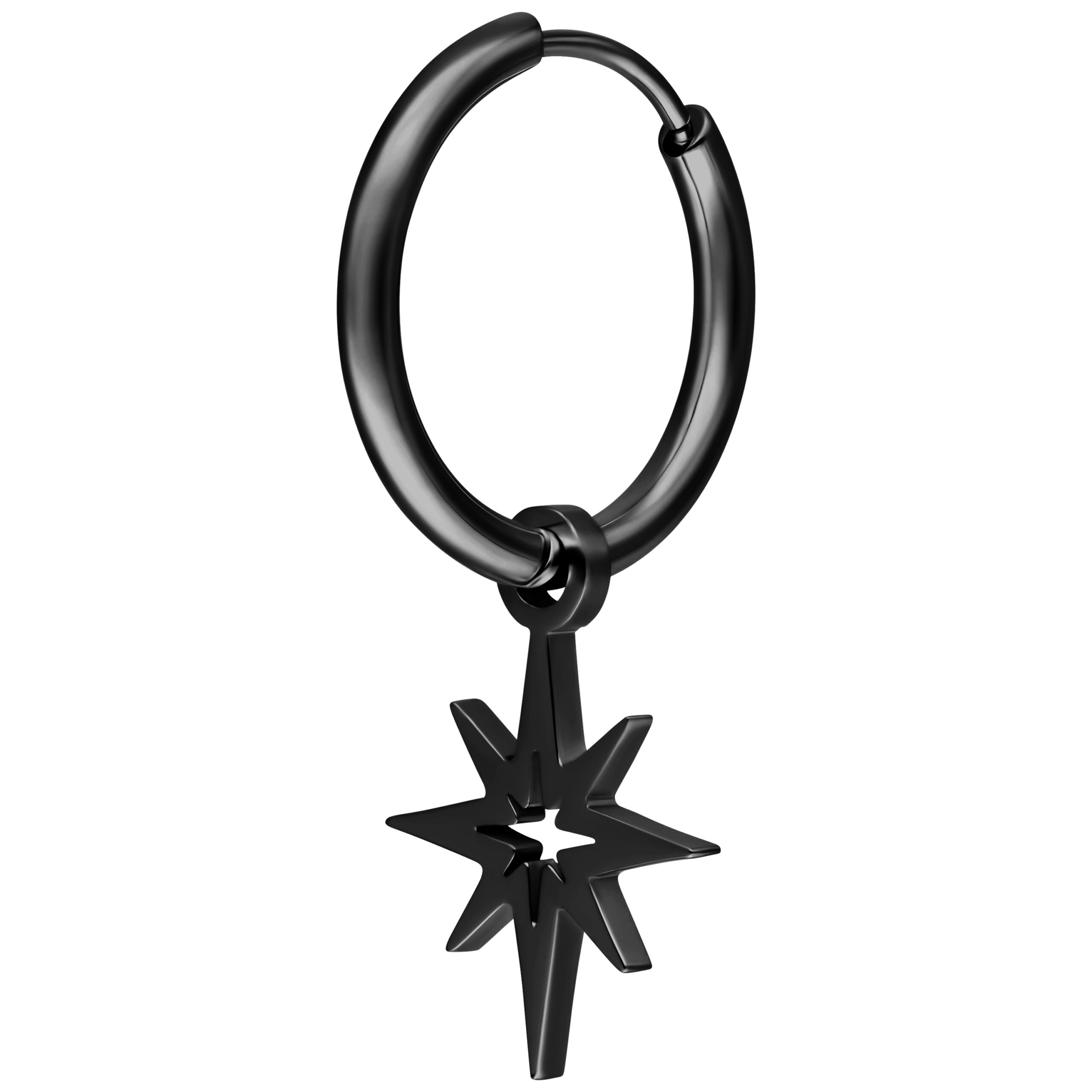 Schwarze Little Polar Star Hoops Schwarzer Ohrring mit Sternanhänger auf weißem Hintergrund