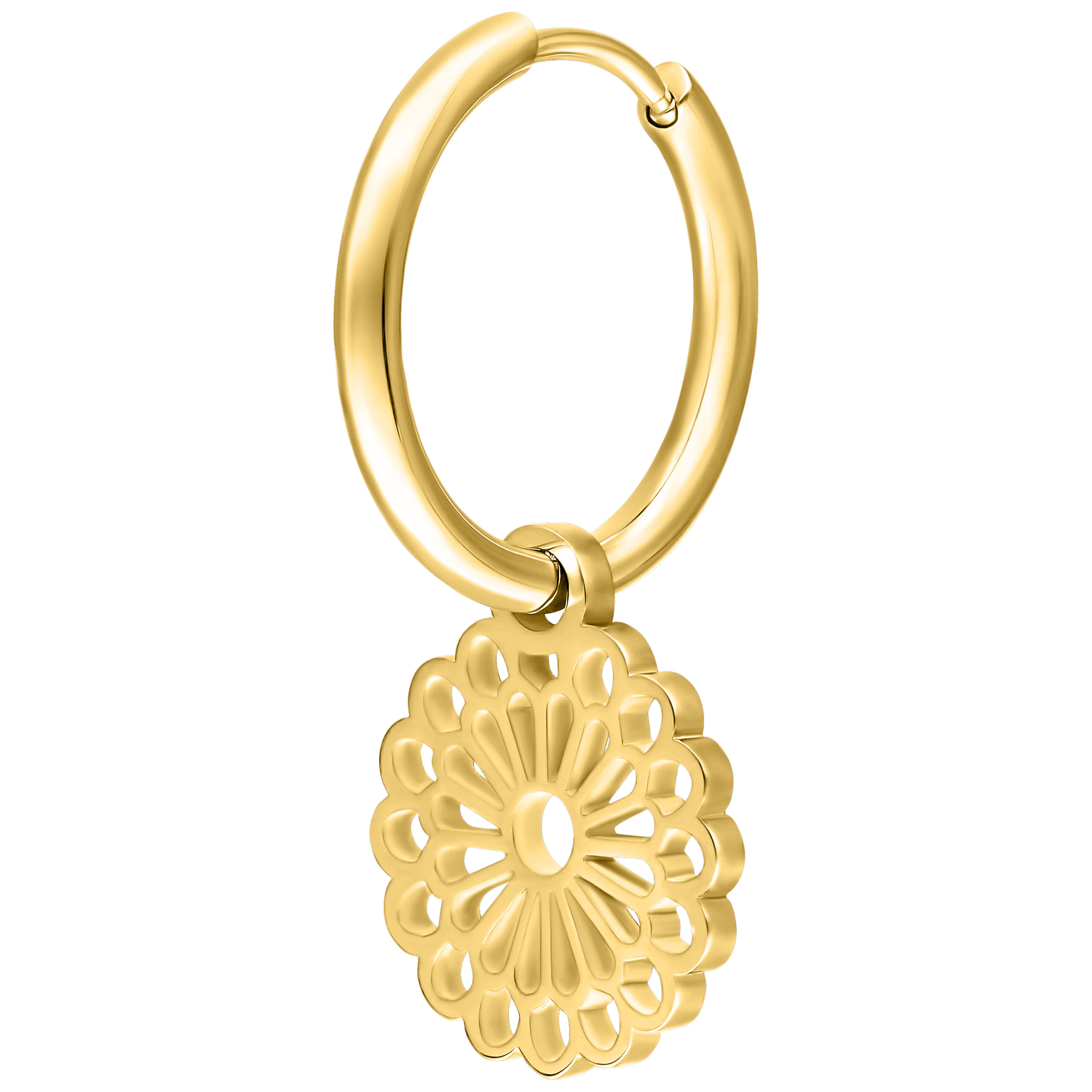 Goldene Ohrringe mit Mandala-Anhänger auf weißem Hintergrund