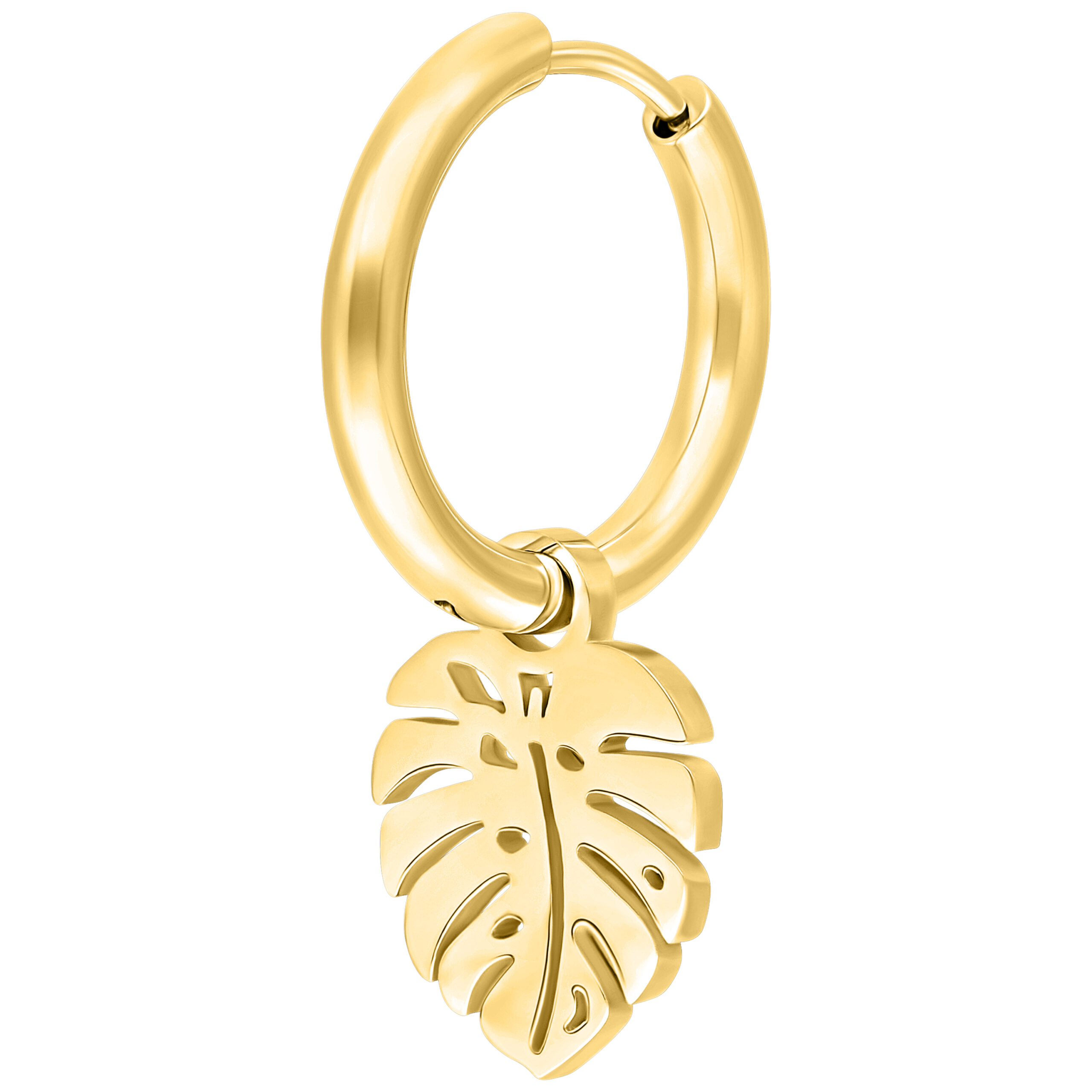 Goldene Ohrringe mit Monstera Blatt Anhänger auf weißem Hintergrund