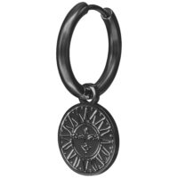 Schwarzer Ohrring mit Sonnen- und Monddesign auf weißem Hintergrund