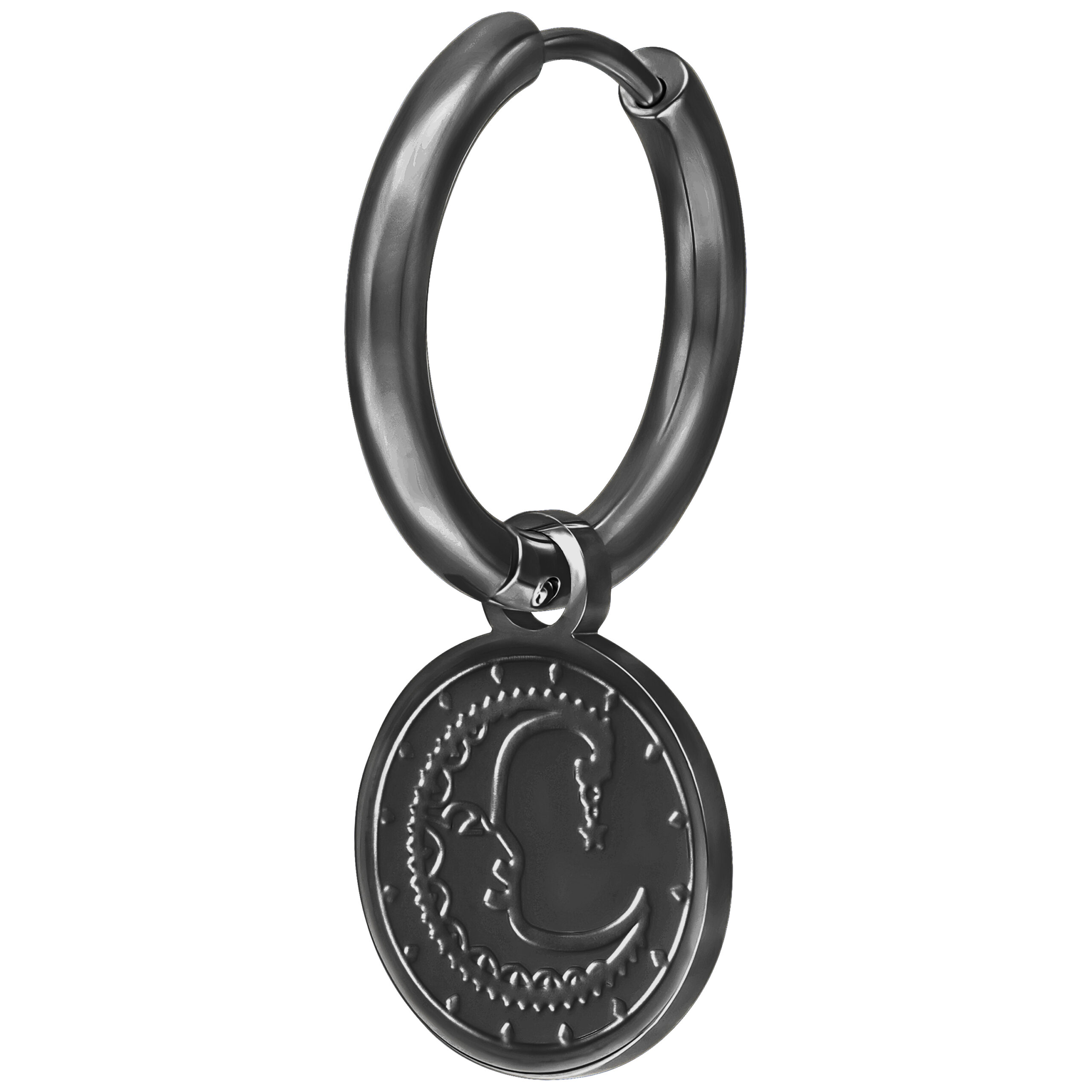 Schwarzer Ohrring mit Mondmotiv auf weißem Hintergrund