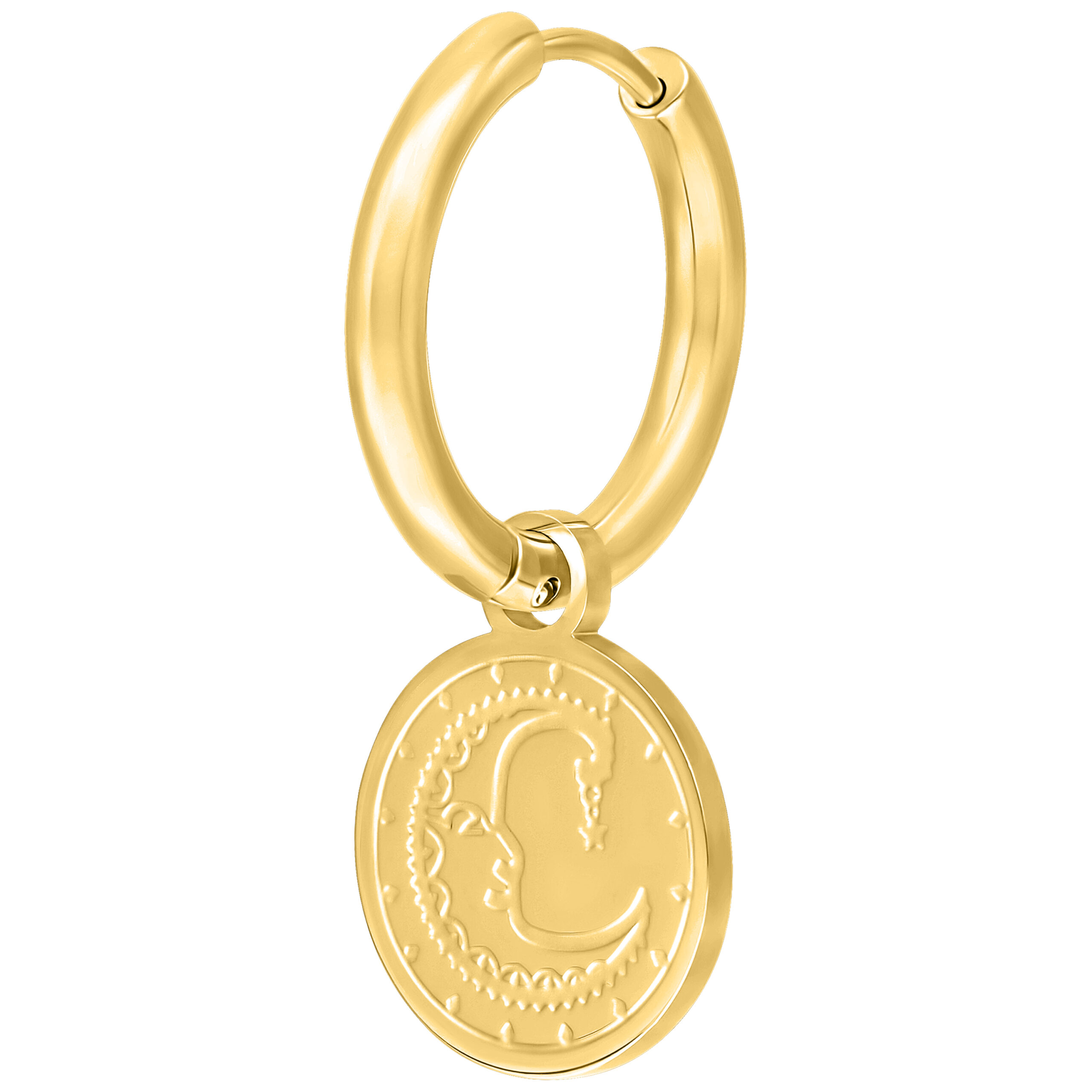 Goldene Ohrringe mit Anhänger im Mond- und Sonnenmotiv auf weißem Hintergrund