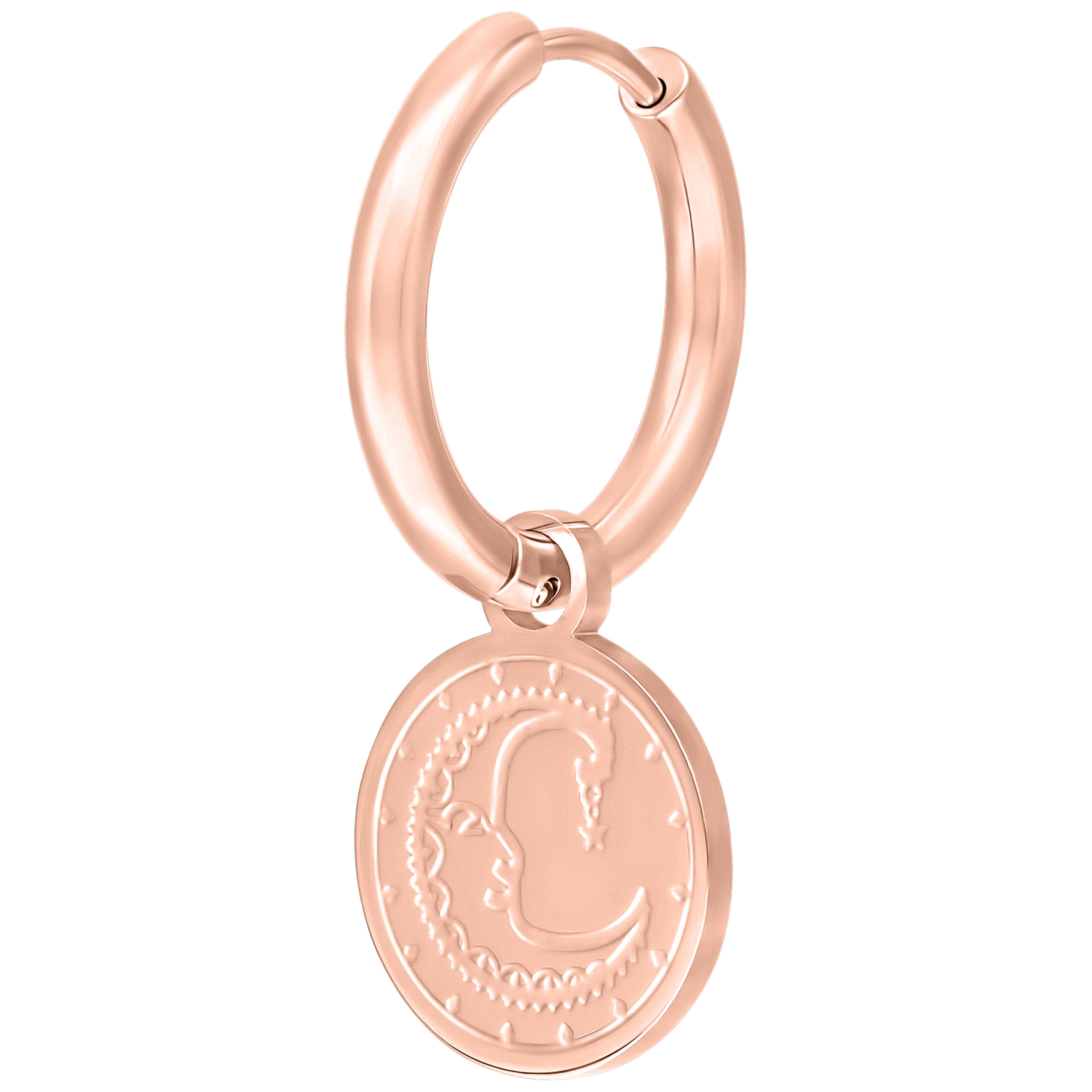 Roségoldener Ohrring mit Sonnen- und Mondmotiv auf weißem Hintergrund