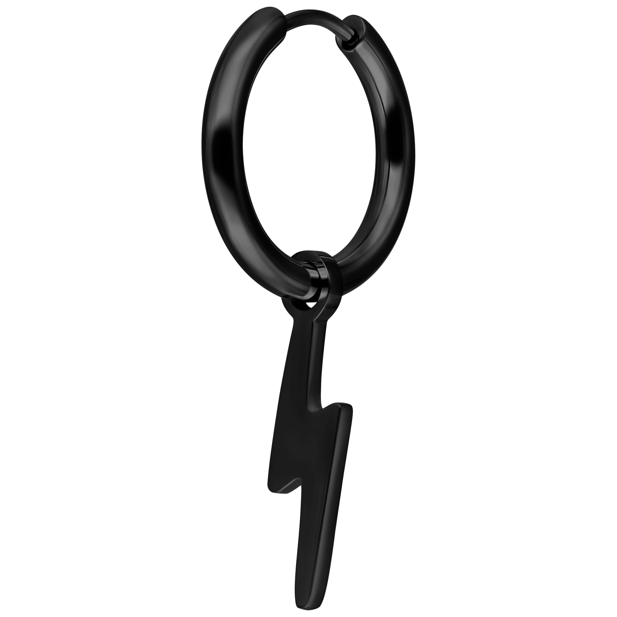 Schwarze Little Flash Hoops Ohrringe Schwarzer Ohrring mit Blitz-Anhänger auf weißem Hintergrund