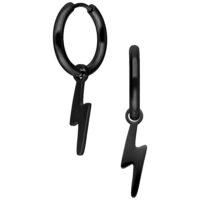 Schwarze Little Flash Hoops Ohrringe Zwei schwarze Creolen mit Blitzanhänger auf weißem Hintergrund
