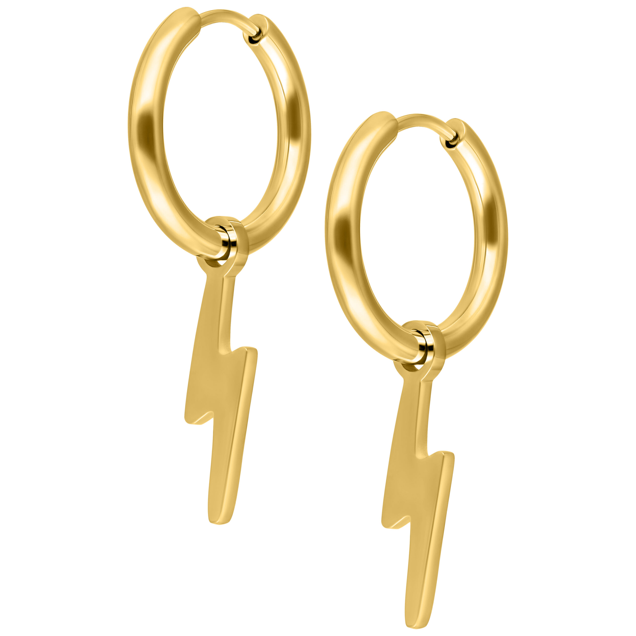 Paar goldene Creolen mit Blitzanhänger auf weißem Hintergrund