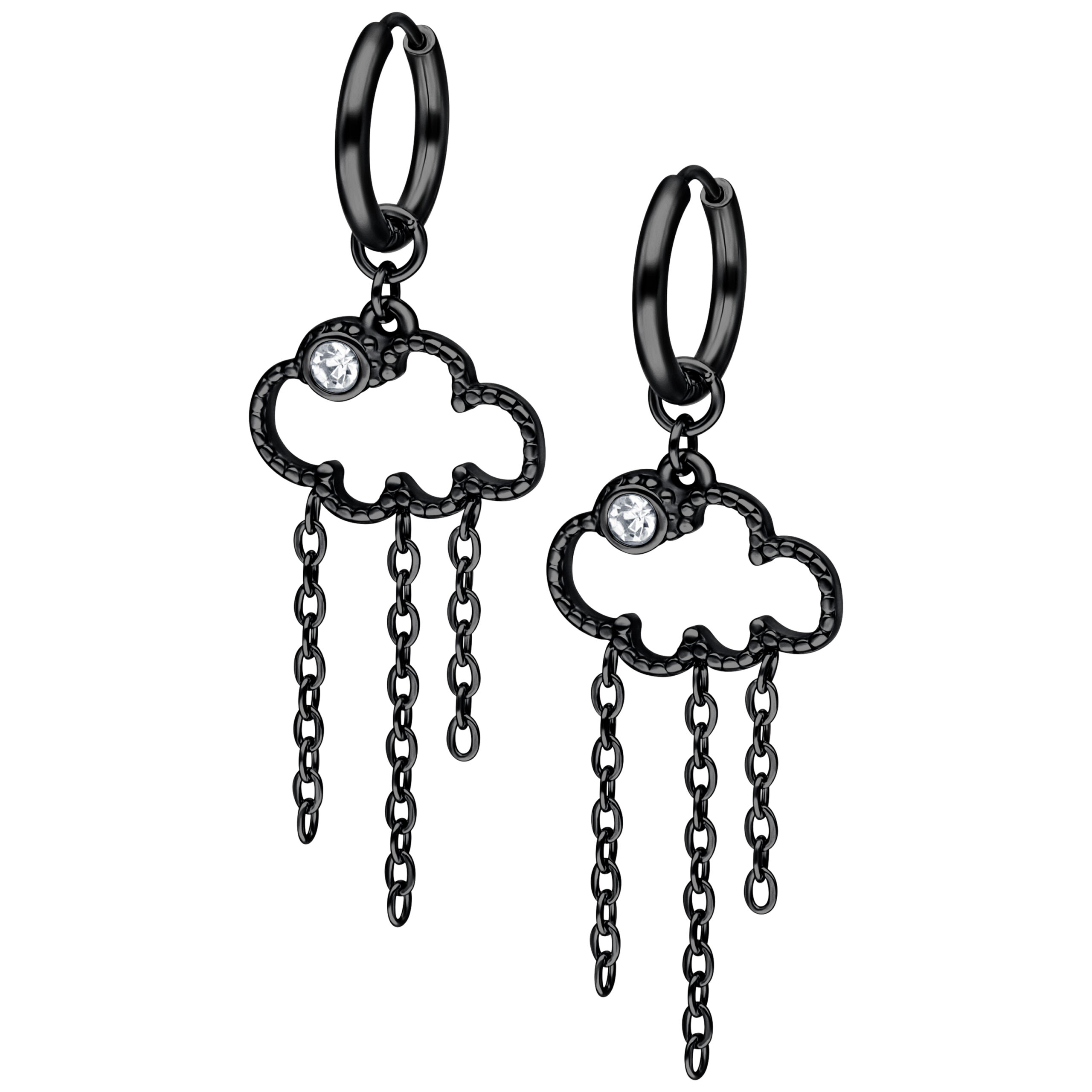 Schwarze Little Cloud 9 Hoops Ohrringe Schwarze Ohrringe in Wolkenform mit Kettenanhängern auf weißem Hintergrund