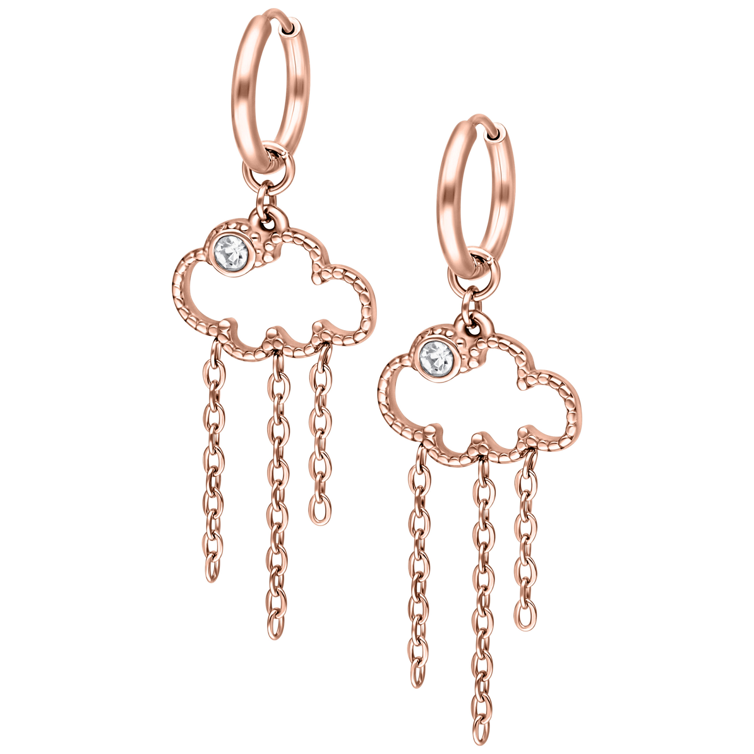 Ruusu-kultaiset pilvimuotoiset korvakorut ketjuilla ja kivellä valkoisella taustalla