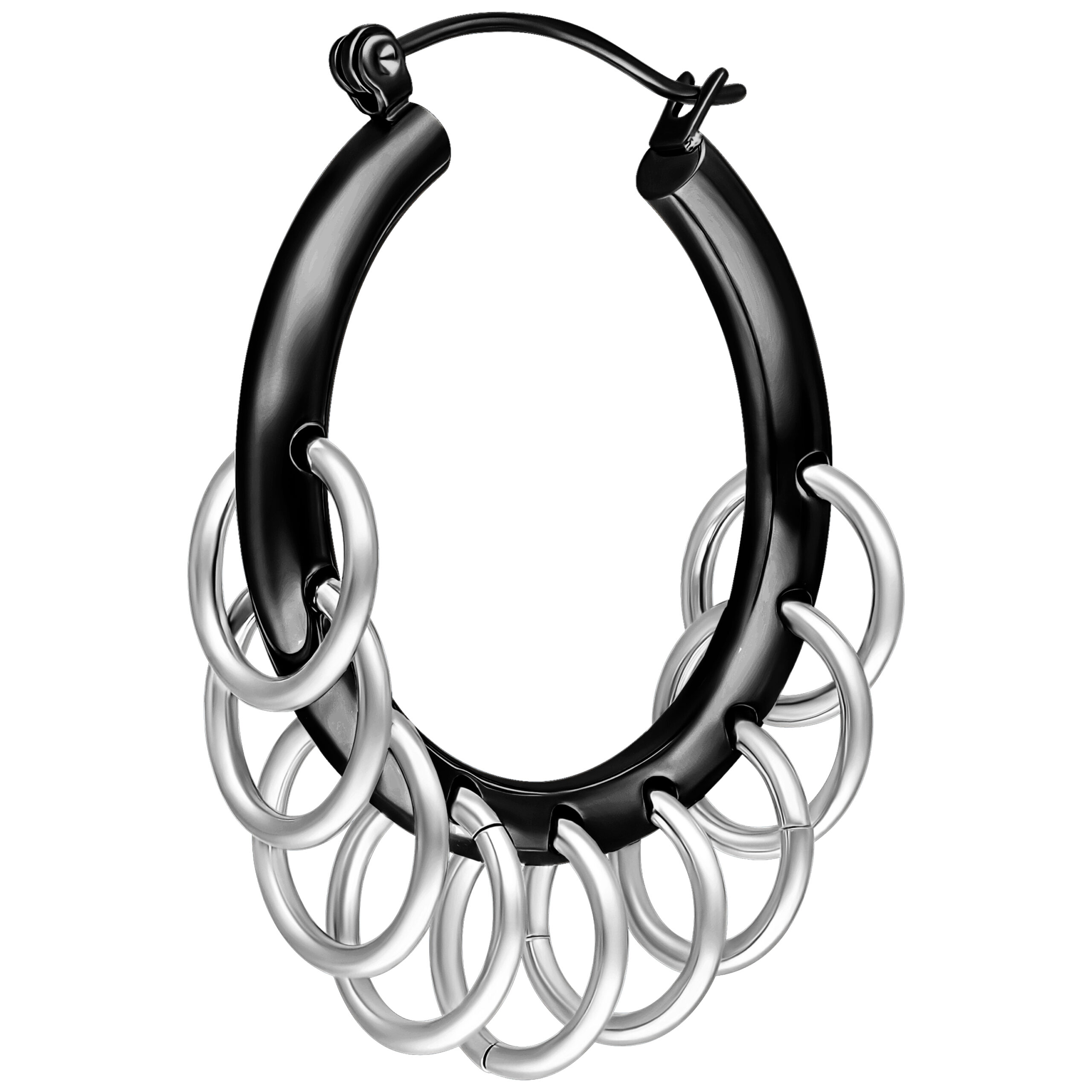Schwarze Creolen aus Chirurgenstahl mit silbernen Ringen, Klappverschluss