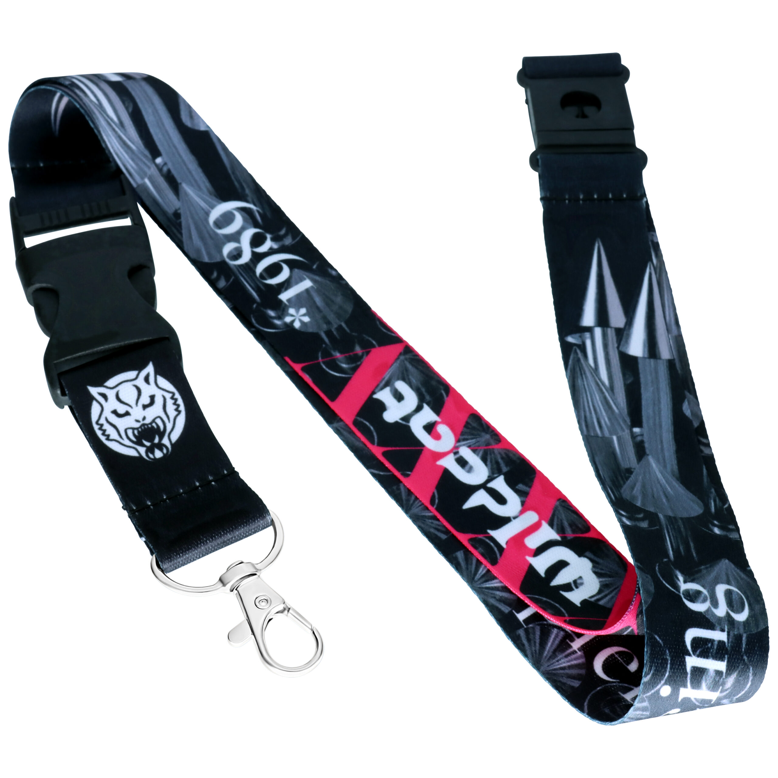 Wildcat Lanyard mit Herzspikes 2024 Schwarzes Wildcat Lanyard mit roten Herzspikes und Karabinerhaken auf weißem Hintergrund