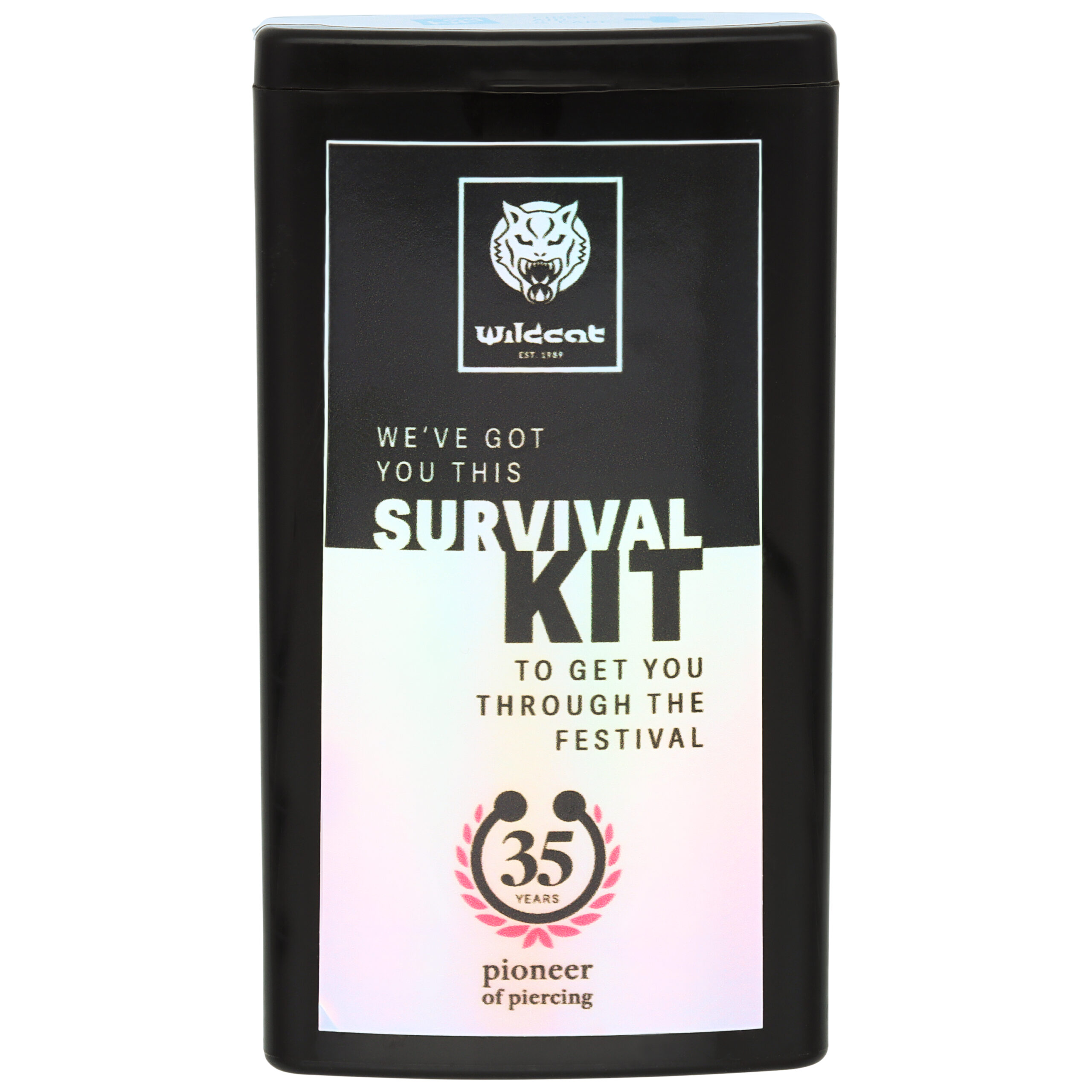 Schwarzes Survival Kit mit Wildcat-Logo und 35 Jahre Jubiläumstext
