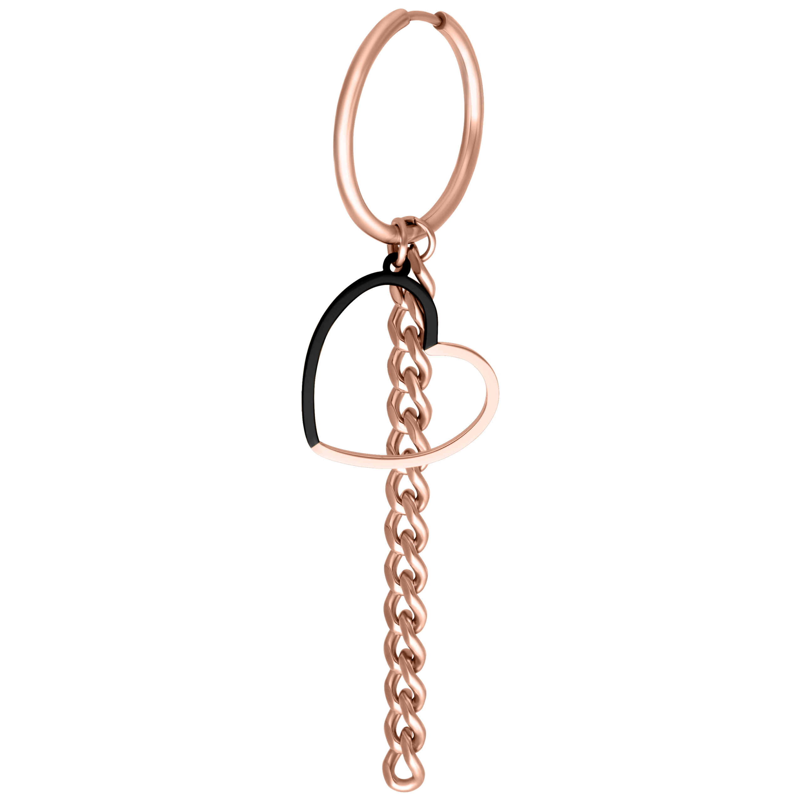 Roségoldene Creolen mit Herzanhänger und Kettendetails auf weißem Hintergrund