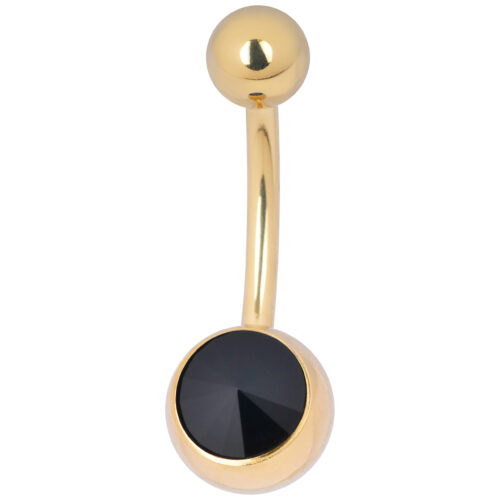 Goldenes Bauchnabelpiercing mit schwarzem Kristall auf weißem Hintergrund