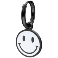 Schwarze Smiley-Ohrringe aus Chirurgenstahl Schwarzer Ohrring mit weißem Smiley-Anhänger auf weißem Hintergrund