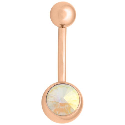 Bauchnabelpiercing aus Titan in Roségold mit Aurora Boreale Kristall auf weißem Hintergrund