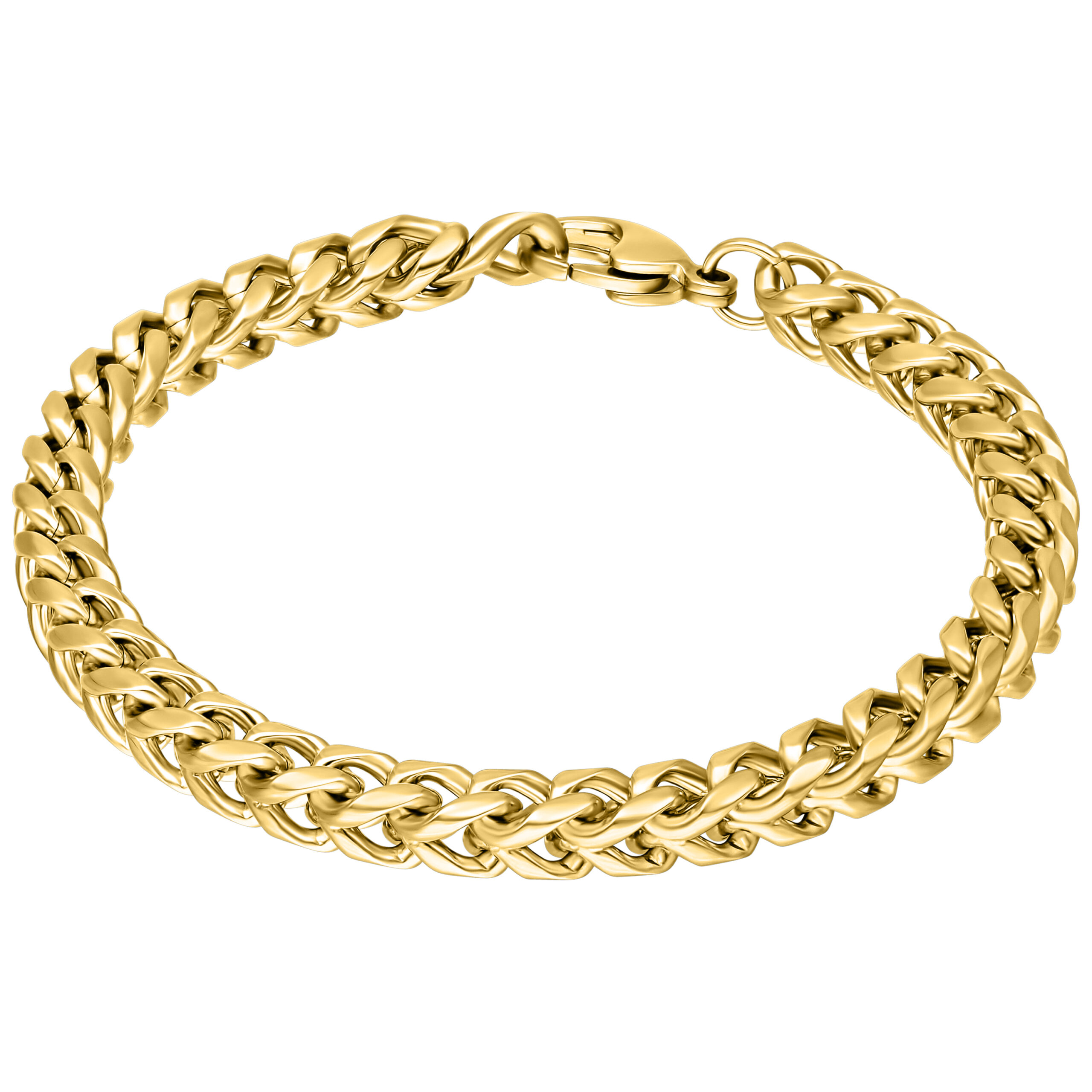 Geflochtenes Armband in Gold - Wildcat Goldenes geflochtenes Armband aus Chirurgenstahl auf weißem Hintergrund