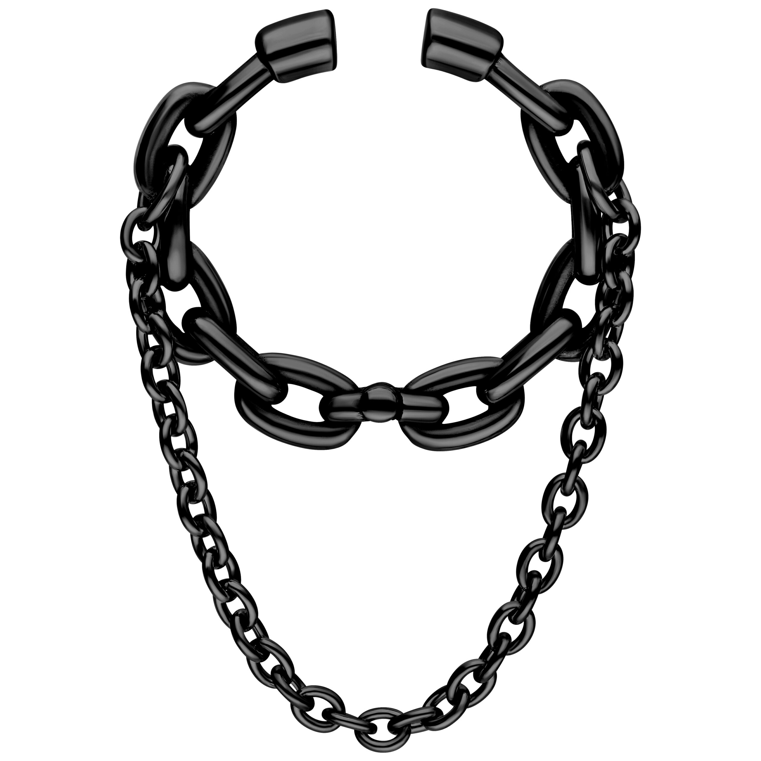 Schwarze Double Chain Ohrgewichte Schwarze Ohrgewichte aus Chirurgenstahl mit doppelter Kette auf weißem Hintergrund