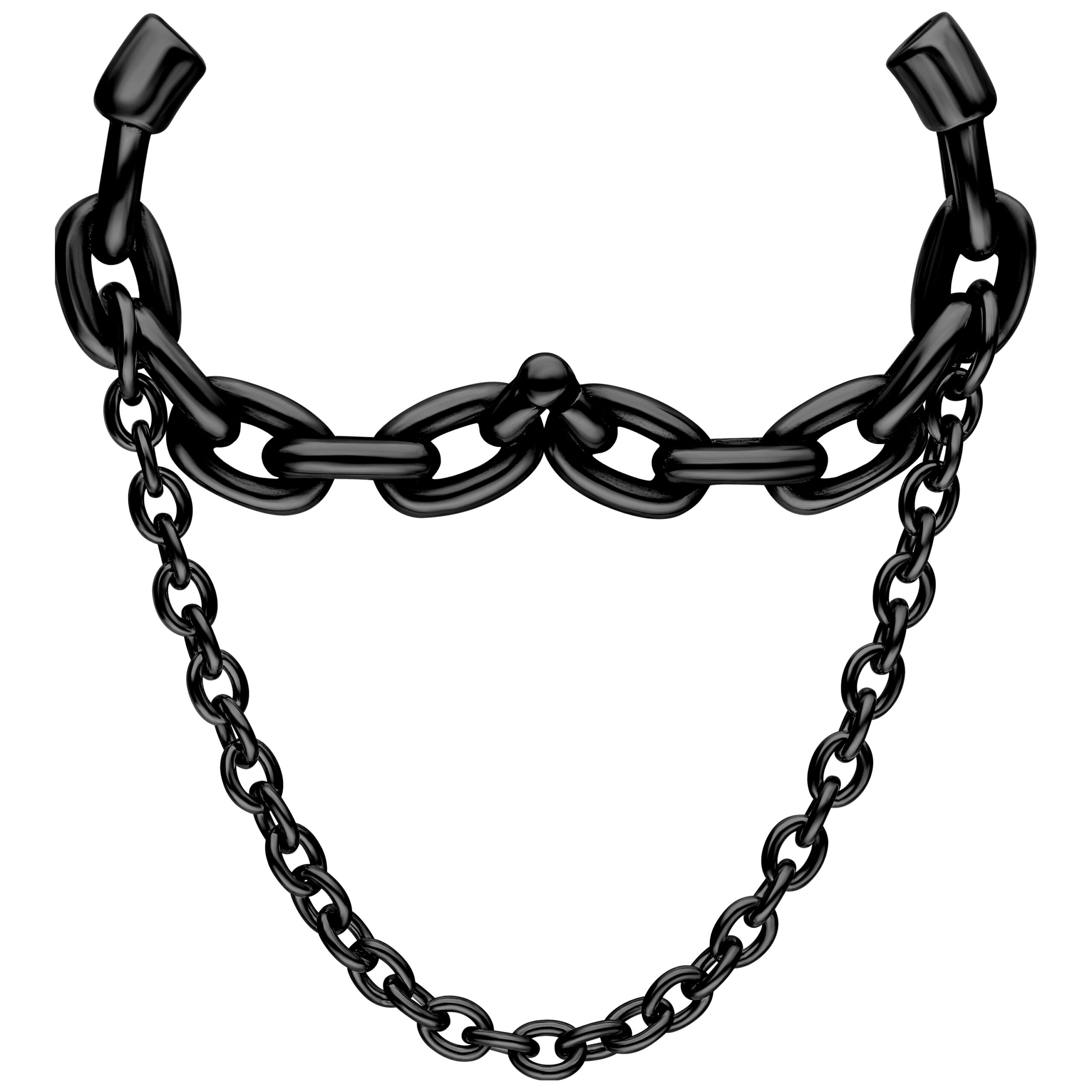 Schwarze Double Chain Ohrgewichte aus Chirurgenstahl Schwarze Ohrgewichte mit doppelter Kette aus Chirurgenstahl 316L auf weißem Hintergrund