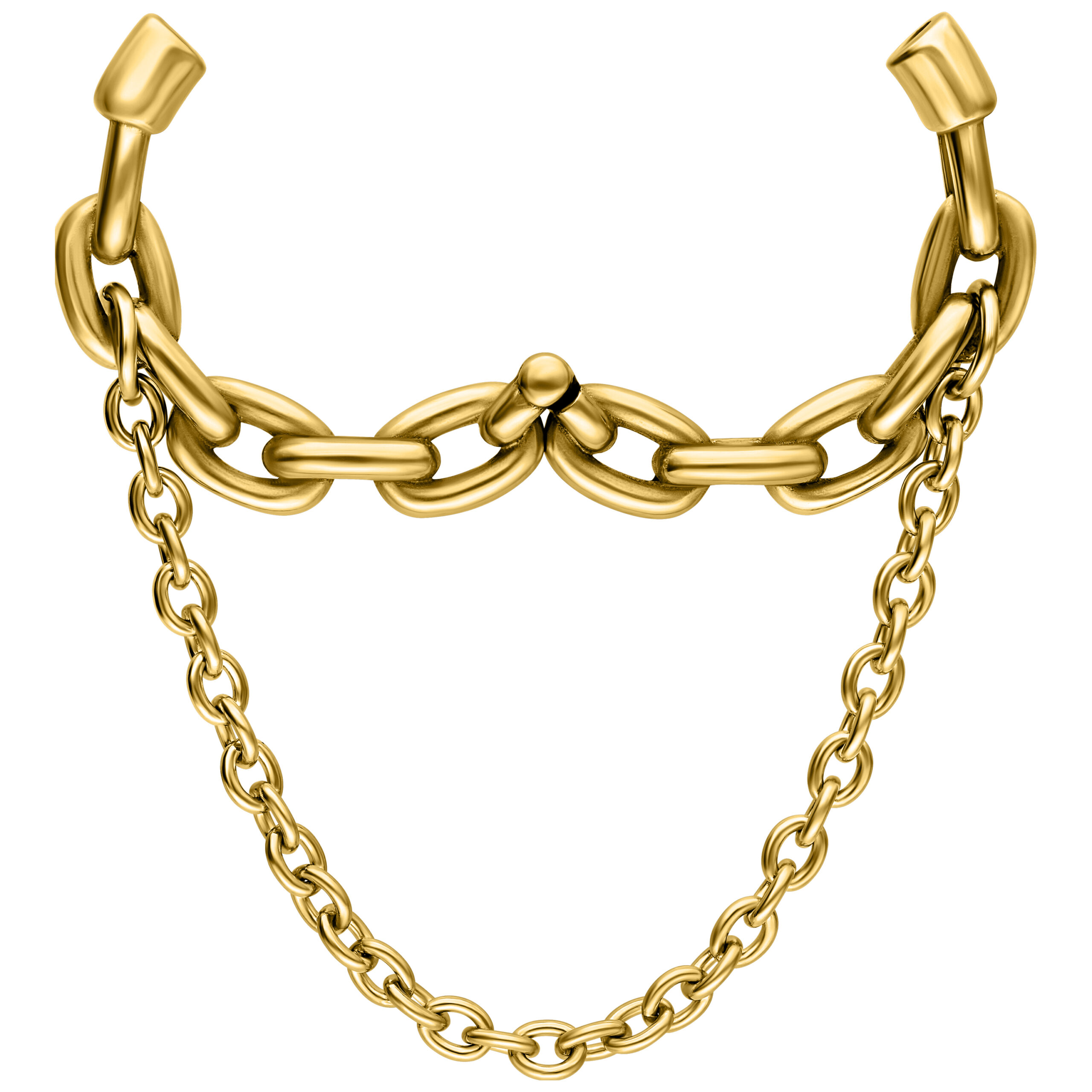 Goldene Ohrgewichte mit doppelter Kette auf weißem Hintergrund