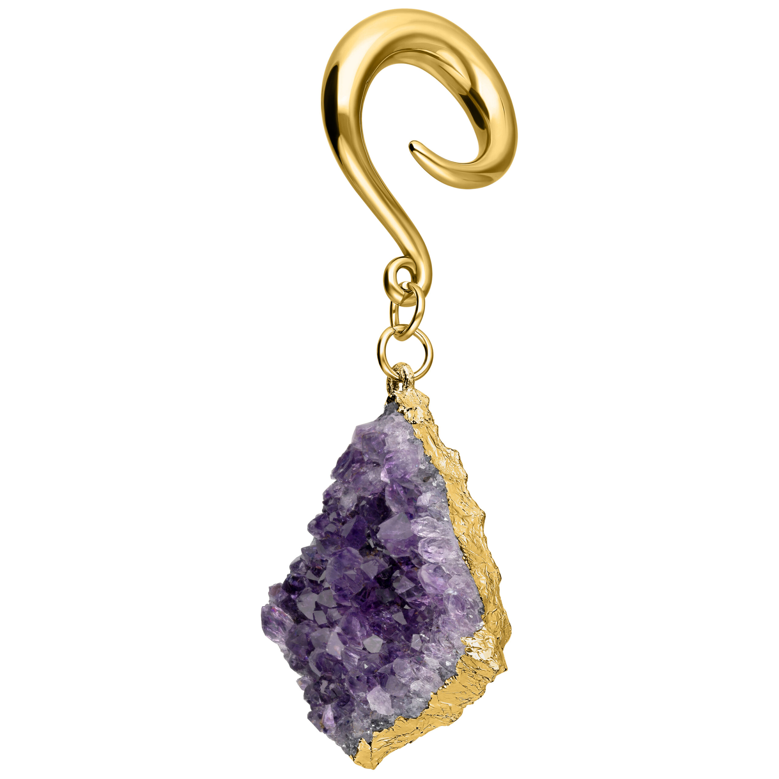 Amethyst Ohrgewicht mit goldener Metallsichel auf weißem Hintergrund