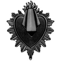 Schwarze Sacred Heart Ohrgewichte aus Metall Schwarzes Ohrgewicht in Herzform mit Flammenmotiv auf weißem Hintergrund
