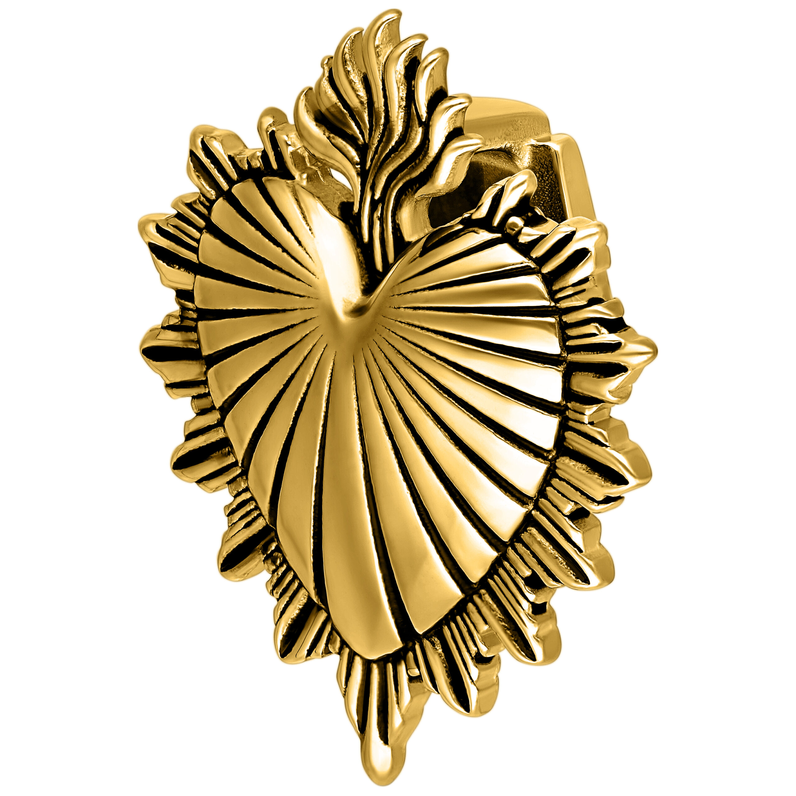 Goldenes Sacred Heart Ohrgewicht mit detailliertem Flammenmotiv