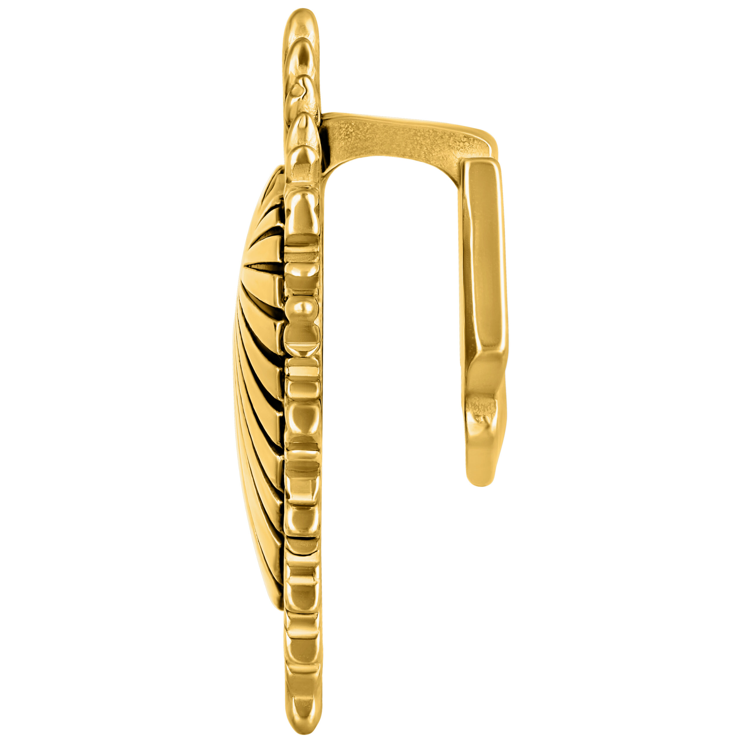 Goldenes Ohrgewicht Sacred Heart mit seitlichem Profil auf weißem Hintergrund