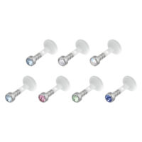 Sechs Push-Fit Labrets mit Kristallen in verschiedenen Farben auf weißem Hintergrund