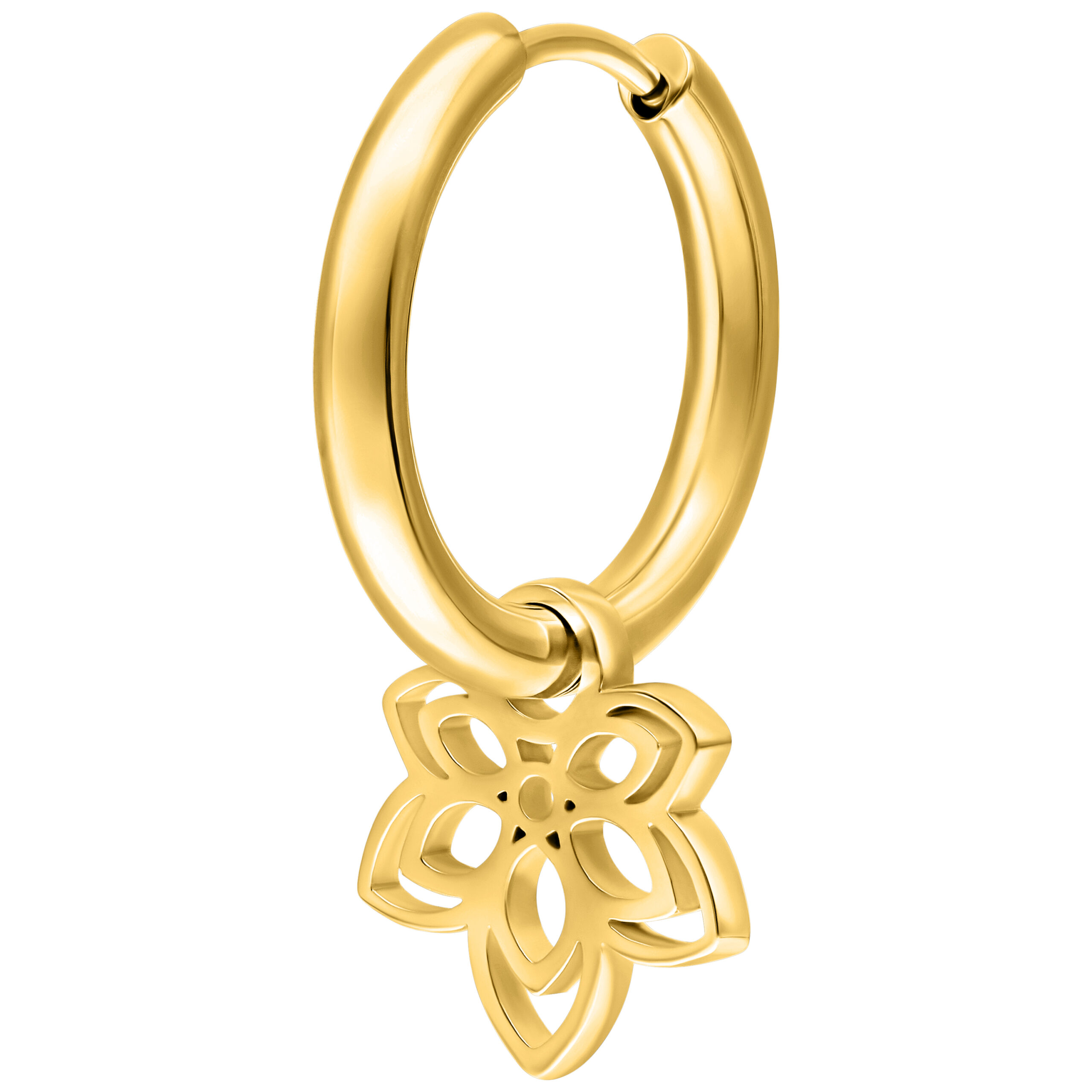 Goldene Creole mit Blumenanhänger aus Chirurgenstahl auf weißem Hintergrund