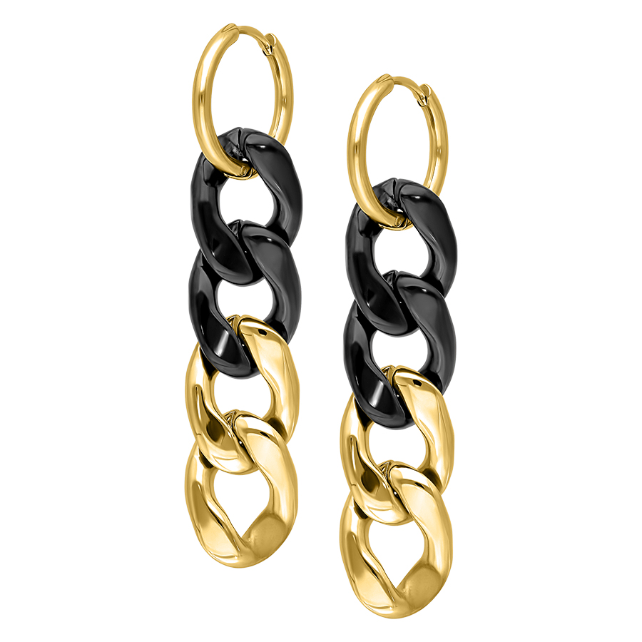 Goldene und schwarze Chunky Hoops aus Chirurgenstahl auf weißem Hintergrund
