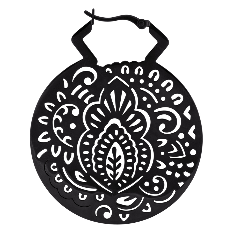 Runder schwarzer Ohrring mit Mehndi-Muster aus Chirurgenstahl