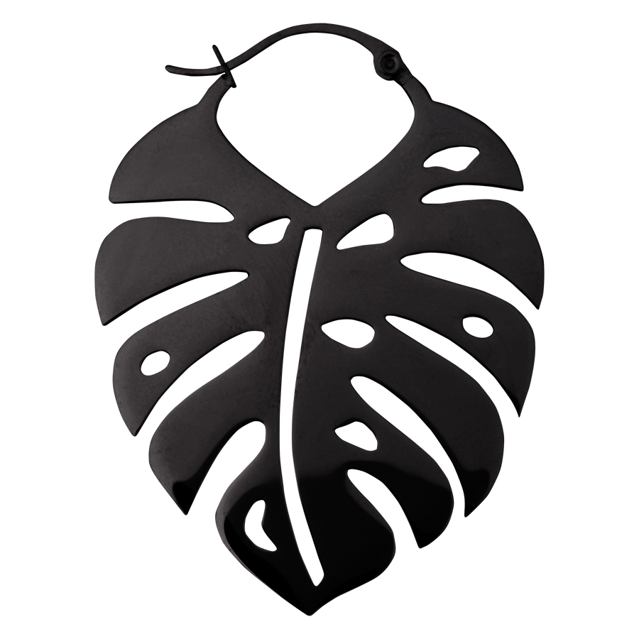 Schwarzer Monstera Blatt Ohrring aus glänzendem Chirurgenstahl auf weißem Hintergrund