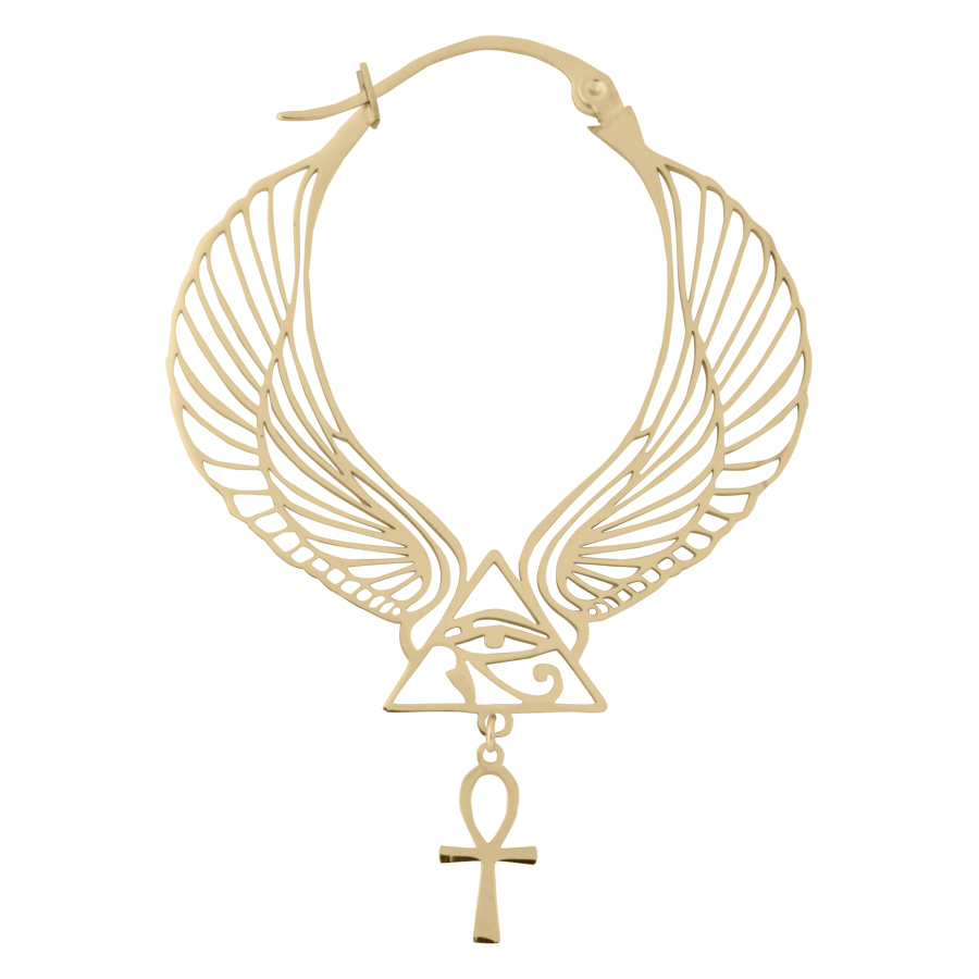 Goldene Cleopatra Hoops Ohrringe mit Flügelmotiv und Ankh-Anhänger auf weißem Hintergrund