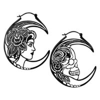 Schwarze Skull Couple Hoops Ohrringe Zwei schwarze Ohrringe in Mondform mit Totenkopf und Frauendesign auf weißem Hintergrund