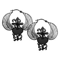 Schwarze Winged Heart Dagger Ohrringe Schwarze Ohrringe mit Herz- und Flügelmotiv auf weißem Hintergrund