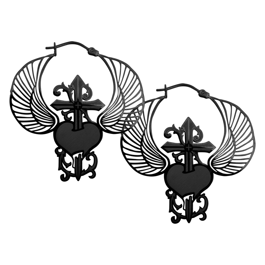 Schwarze Winged Heart Dagger Ohrringe Schwarze Ohrringe mit Herz- und Flügelmotiv auf weißem Hintergrund