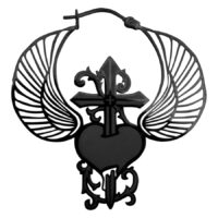 Schwarze Winged Heart Dagger Ohrringe Schwarze Ohrringe mit herzförmigem Design und Flügeln auf weißem Hintergrund