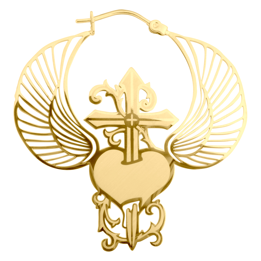 Goldene Ohrringe mit Herz und Dagger-Design auf weißem Hintergrund