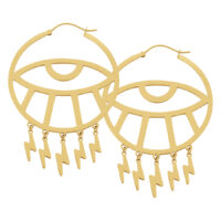 Goldene Thunderflash Eye Hoops mit Blitzanhängern auf weißem Hintergrund