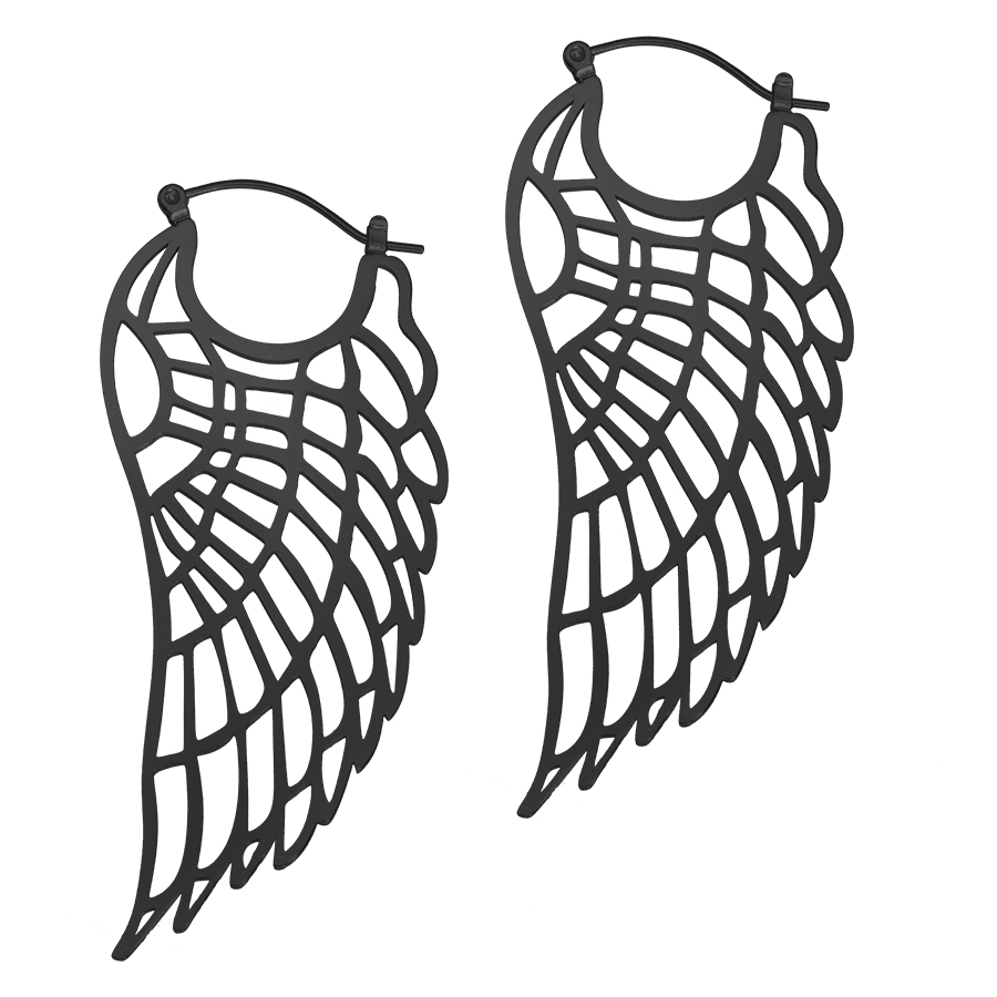 Zwei schwarze Wing Hoops Ohrringe aus Chirurgenstahl auf weißem Hintergrund