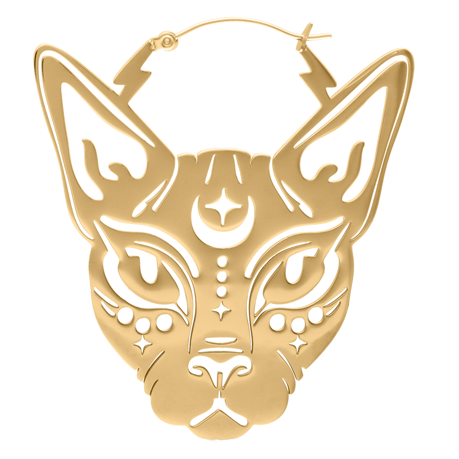 Goldene Ohrringe in Katzenform mit Sphynx-Design, glänzende Oberfläche