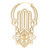 Goldener Khamsa Hoops Ohrring aus Chirurgenstahl mit detailliertem Design auf weißem Hintergrund