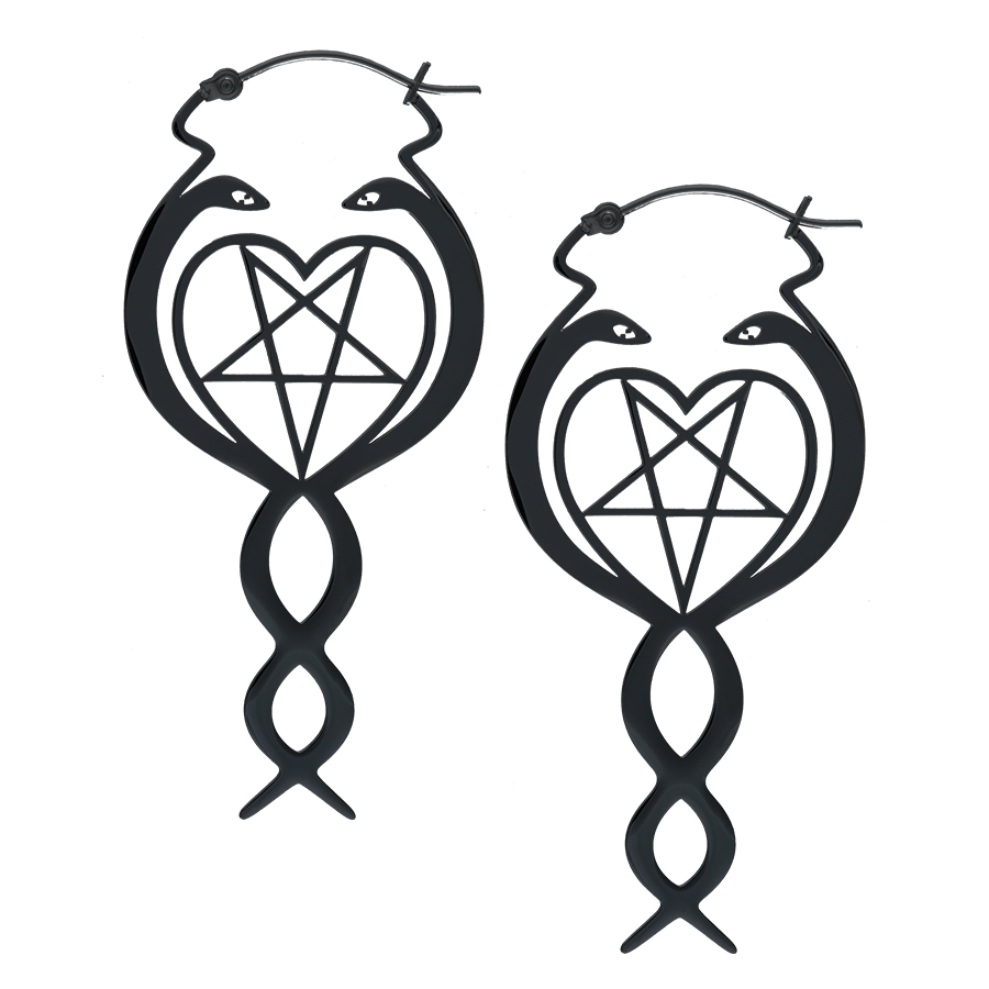 Nagini Hoops - Schwarz, Ohrschmuck Schwarze Nagini Hoops Ohrringe mit Schlangenmotiv und Pentagramm auf weißem Hintergrund