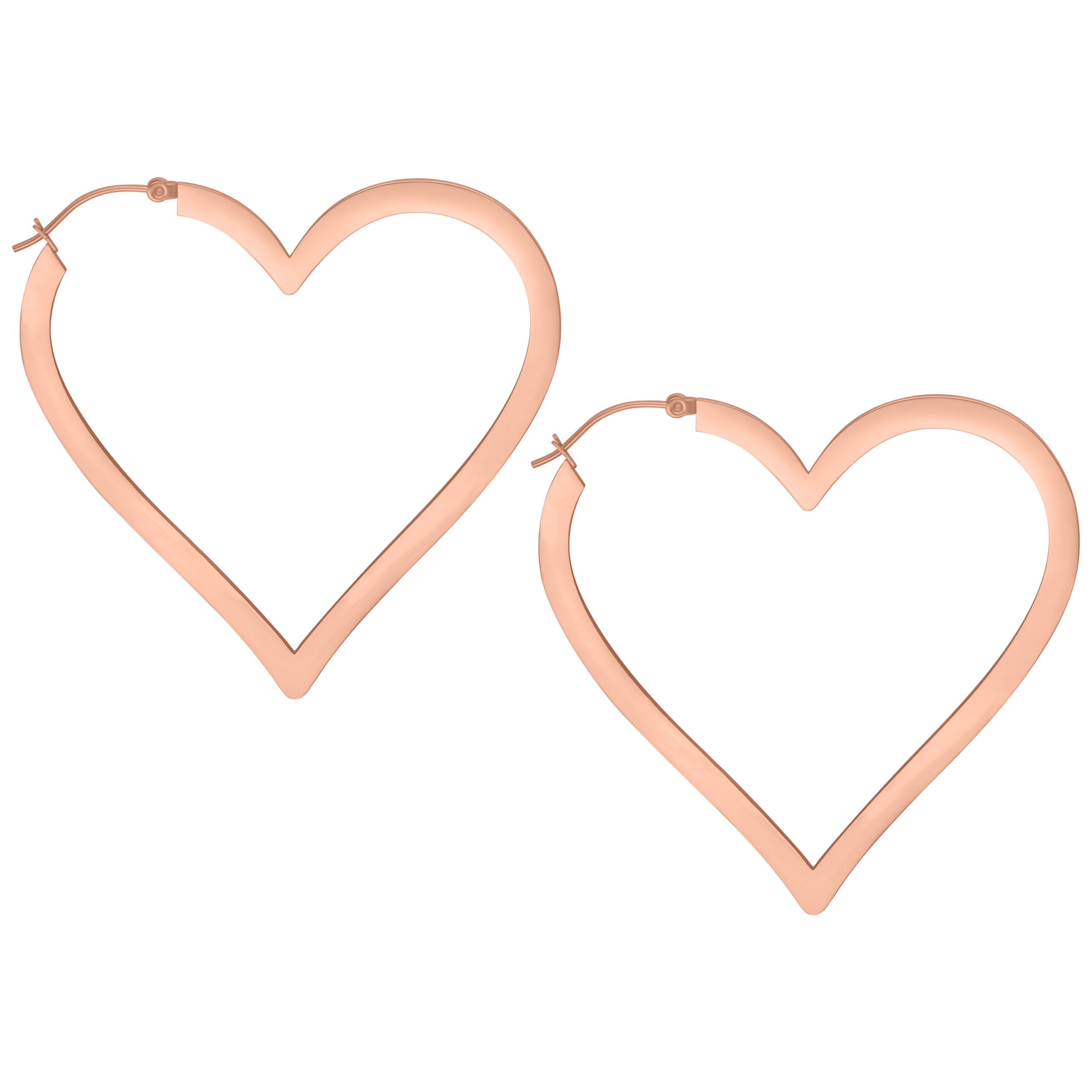 Zwei herzförmige Ohrringe aus roségoldenem Chirurgenstahl auf weißem Hintergrund