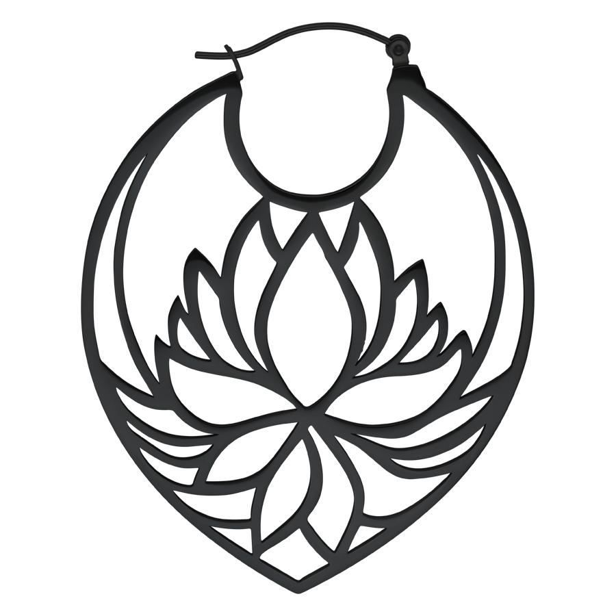 Schwarzer Ohrring aus Chirurgenstahl mit Lotus-Design auf weißem Hintergrund