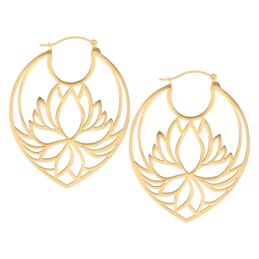 Goldene, glänzende Lily Hoops Ohrringe mit Lotus-Design auf weißem Hintergrund